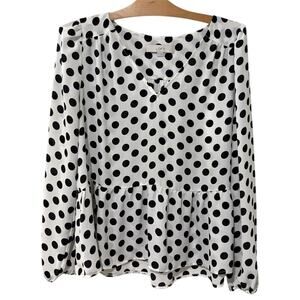 Ann Taylor LOFT | Top Black White Polka Dot Long Sleeve V Neck- Size Medium